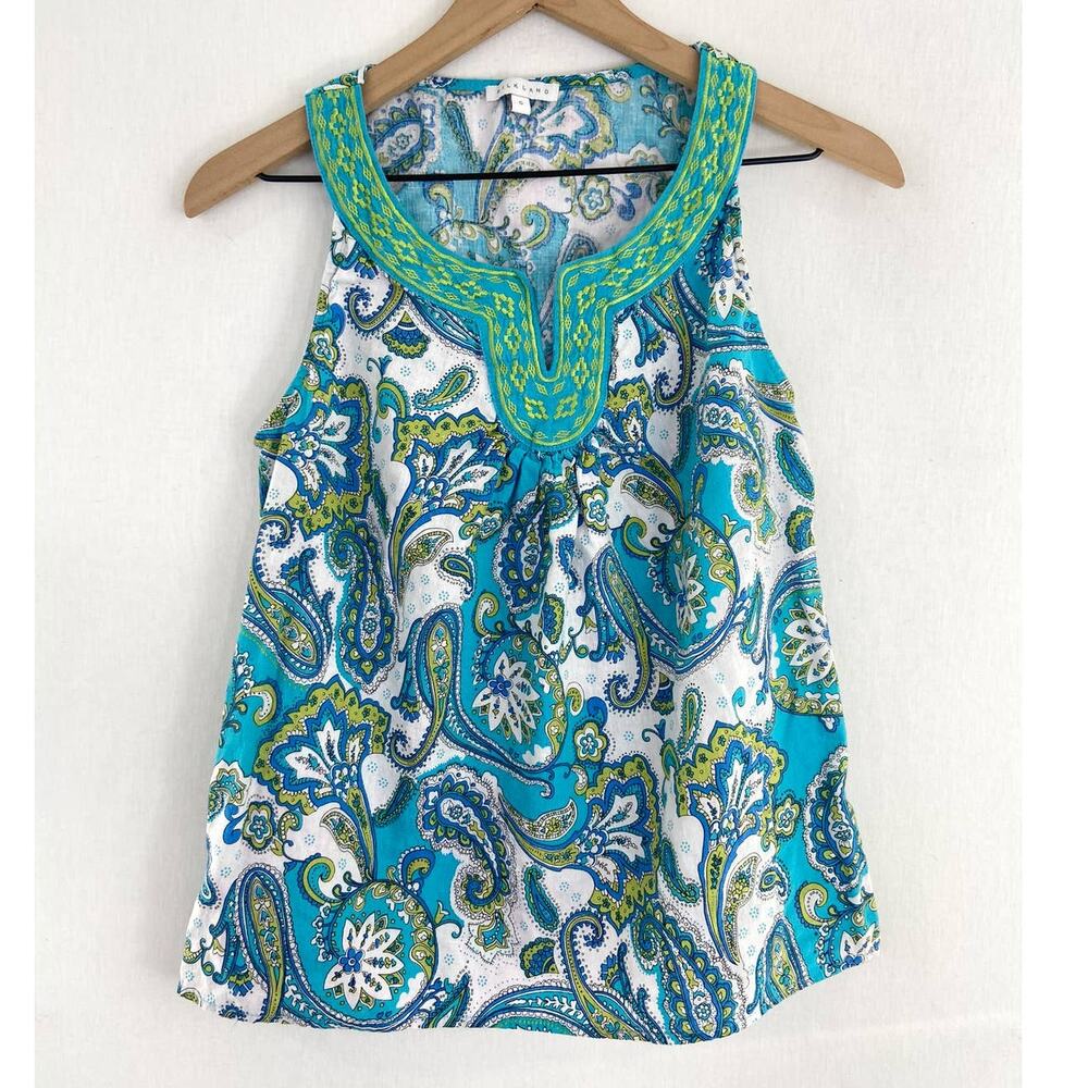 Silkland Women's Paisley Print Tank Top Linen Blend Embroidered Blue Green Small